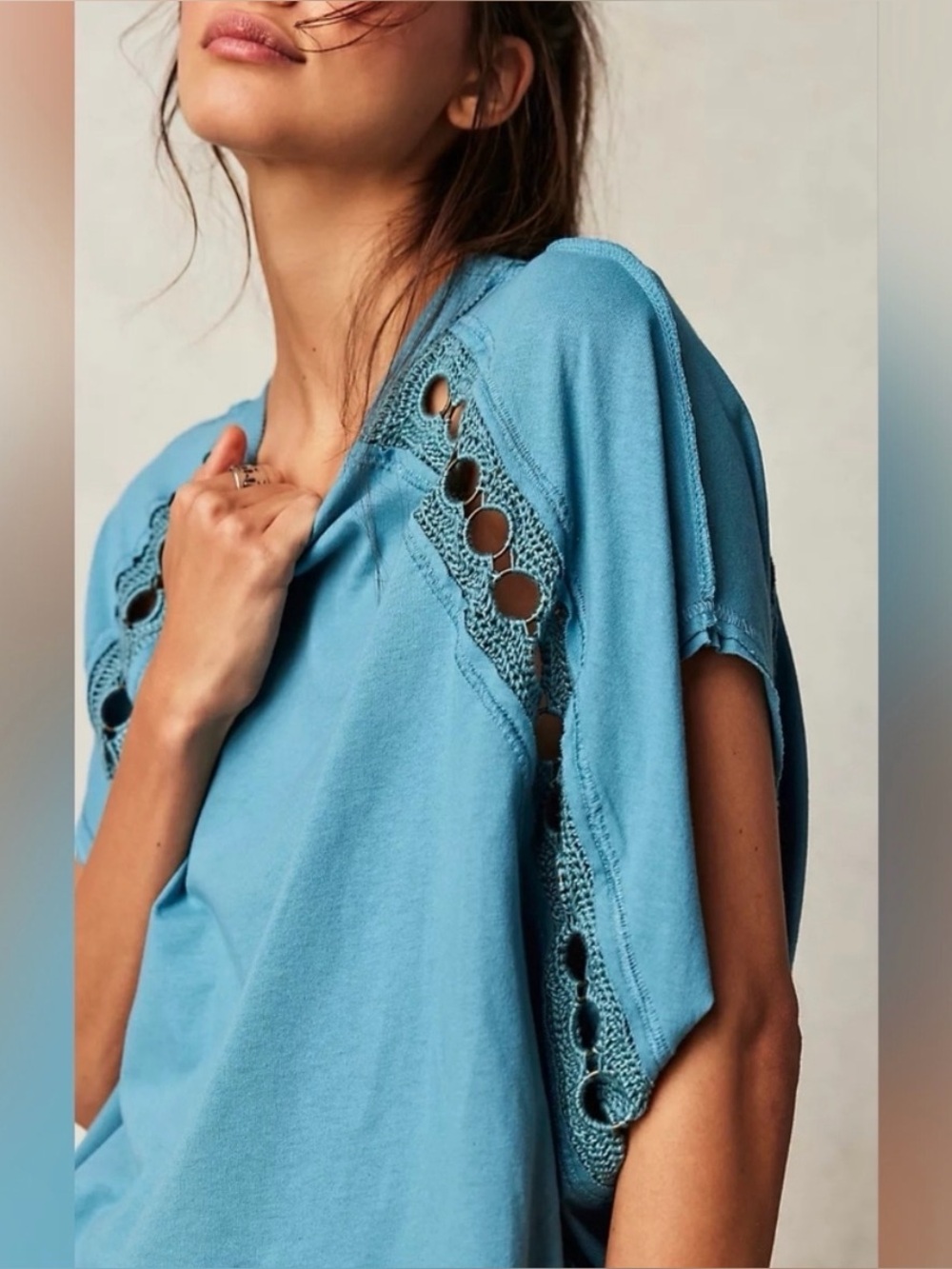 Free People Rough Around the Edges Open Knit Grommets Top Women Blue Size S NWT